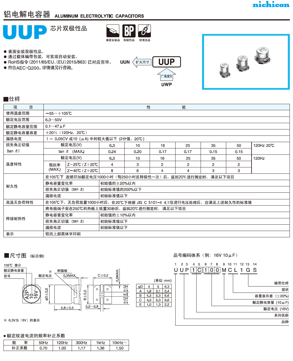 UUP標準品鋁電解電容代碼說明